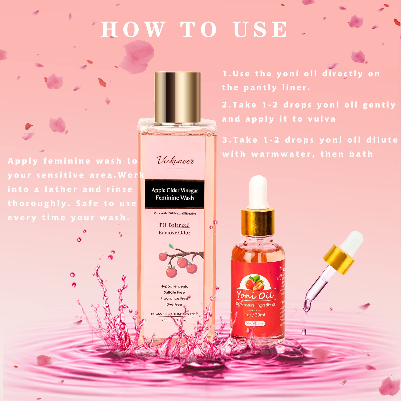 Vickoneer Yoni Wash for Women & Yoni Essential Oil, Intimate Feminine Wash Yoni Care